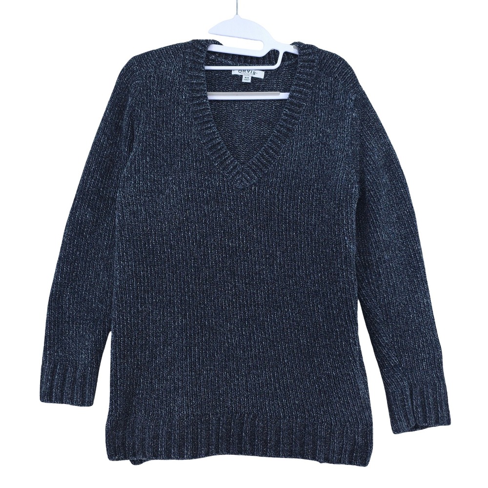 Orvis Sweater Womens M Chenille V Neck Blue Marled Knit Cozy Pullover